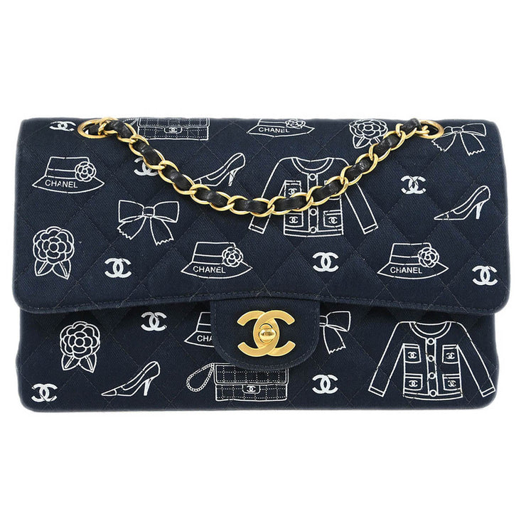 Chanel Navy Canvas Icon Medium Classic Double Flap Shoulder Bag 134986