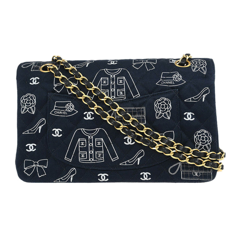Chanel Navy Canvas Icon Medium Classic Double Flap Shoulder Bag 134986