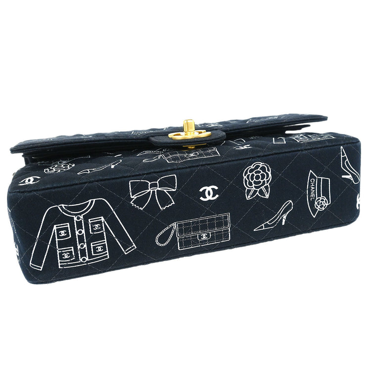 Chanel Navy Canvas Icon Medium Classic Double Flap Shoulder Bag 134986