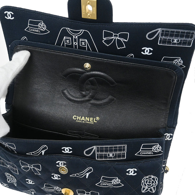 Chanel Navy Canvas Icon Medium Classic Double Flap Shoulder Bag 134986