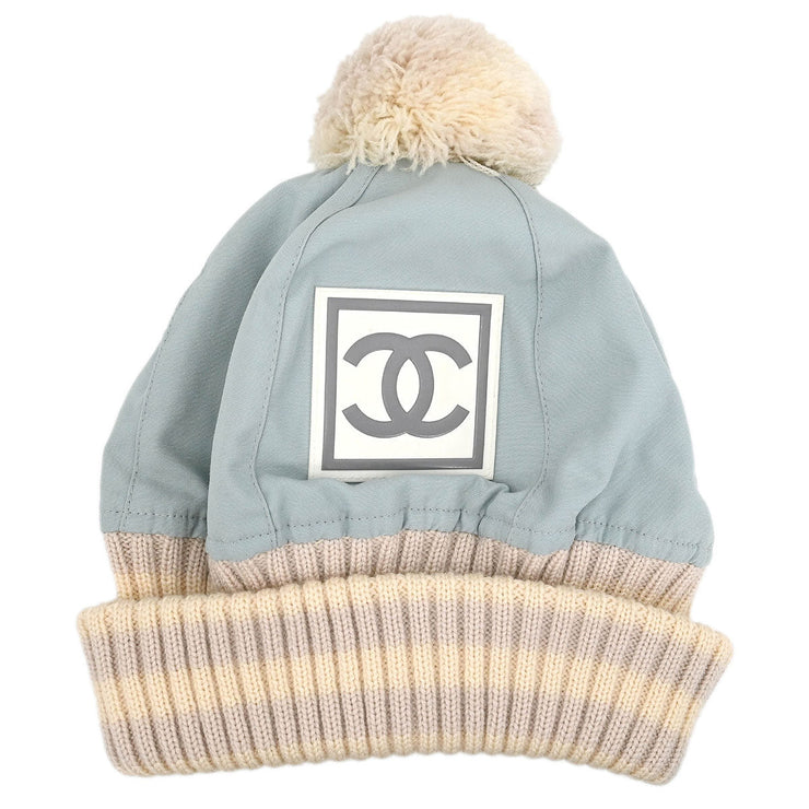 Chanel Light Blue Knit Cap Hat Sport Line #M Small Good 143751
