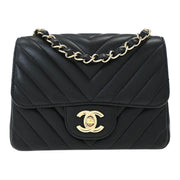 Chanel Black Lambskin Chevron Mini Classic Square Flap Shoulder Bag 17 144686