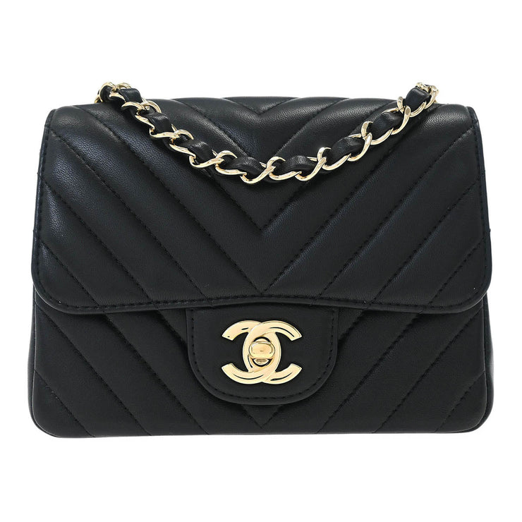 Chanel Black Lambskin Chevron Mini Classic Square Flap Shoulder Bag 17 144686