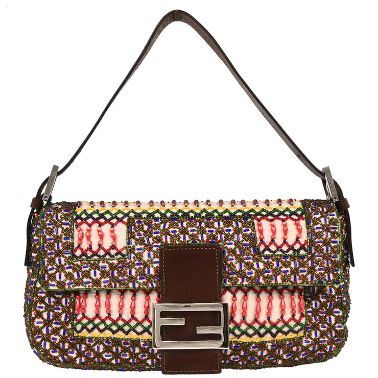 Fendi White Brown Canvas Beads Baguette Handbag 2454/26424/098 144710