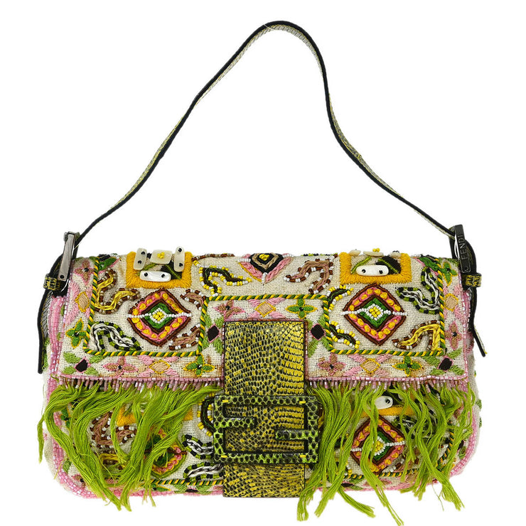 Fendi * White Canvas Lizard Beads Baguette Handbag 2454/26424/008 144719