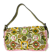 Fendi * White Canvas Lizard Beads Baguette Handbag 2454/26424/008 144719