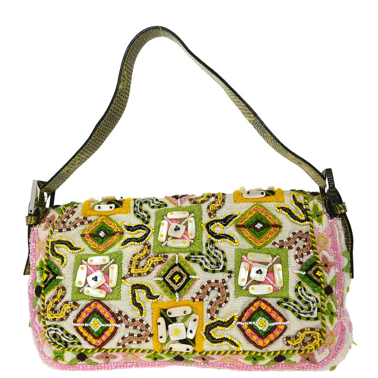Fendi * White Canvas Lizard Beads Baguette Handbag 2454/26424/008 144719