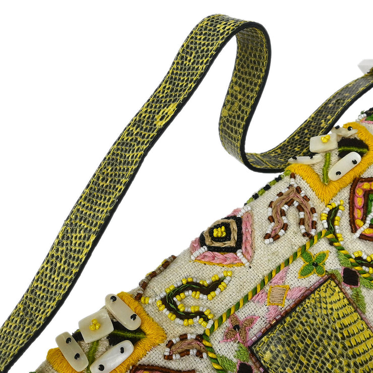 Fendi * White Canvas Lizard Beads Baguette Handbag 2454/26424/008 144719