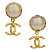 Chanel CC Artificial Pearl Dangle Earrings Clip-On Gold 94P 144852