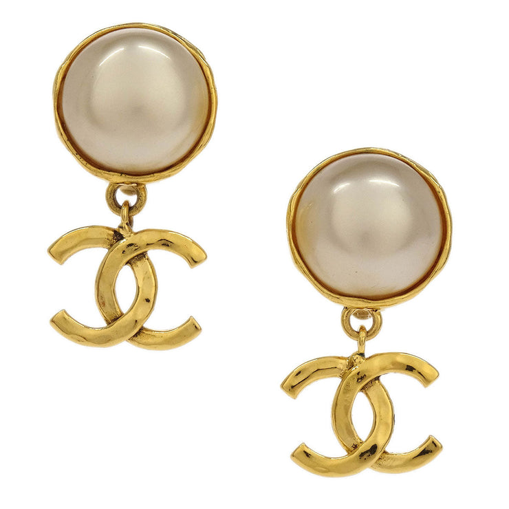Chanel CC Artificial Pearl Dangle Earrings Clip-On Gold 94P 144852