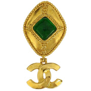 Chanel Gripoix Brooch Pin Gold Green CC Rhombus Dangle 96A 144854