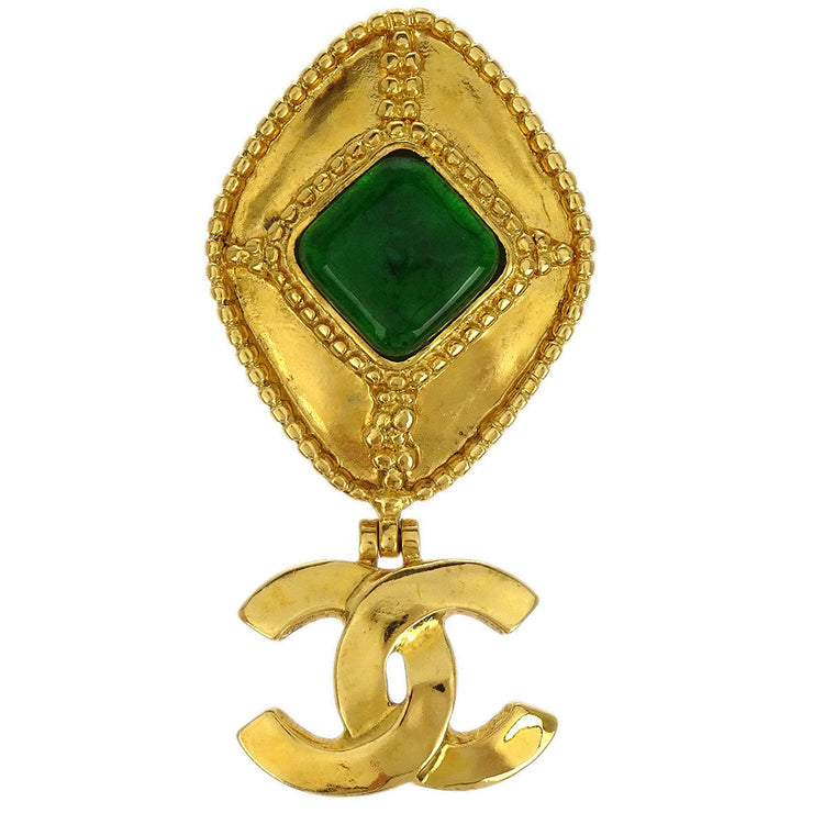 Chanel Gripoix Brooch Pin Gold Green CC Rhombus Dangle 96A 144854