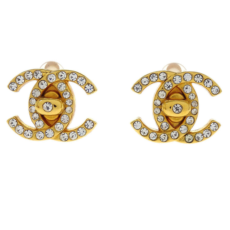 Chanel CC Turnlock Earrings Clip-On Gold Small Rhinestone 96A 144879