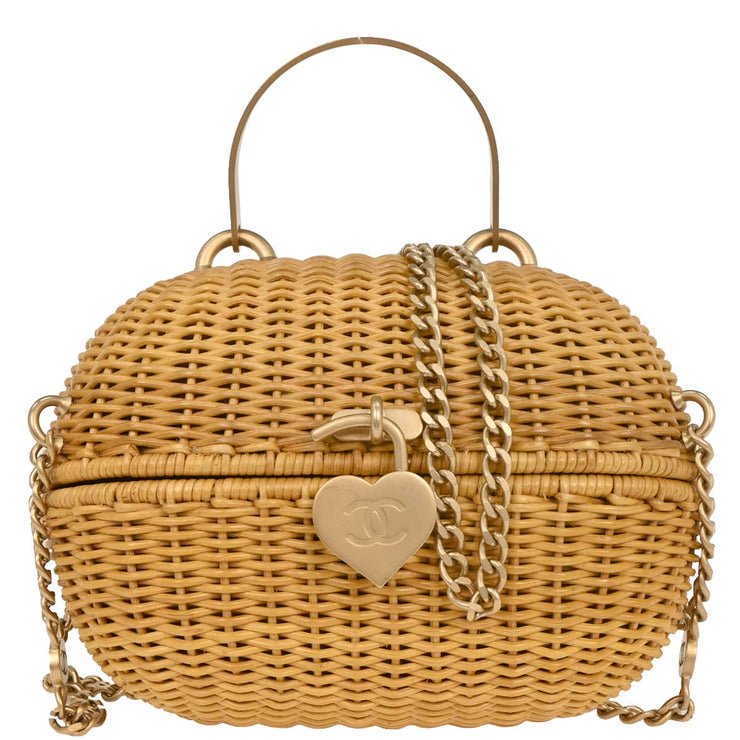 Chanel Beige Rattan Heart Lock Basket Bag 2way Handbag 144969