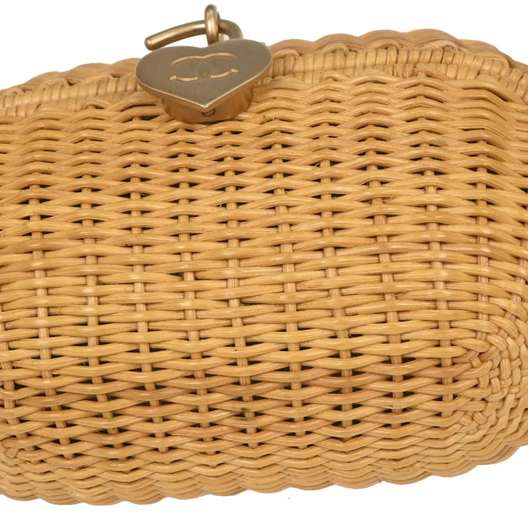 Chanel Beige Rattan Heart Lock Basket Bag 2way Handbag 144969