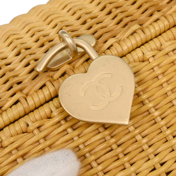 Chanel Beige Rattan Heart Lock Basket Bag 2way Handbag 144969