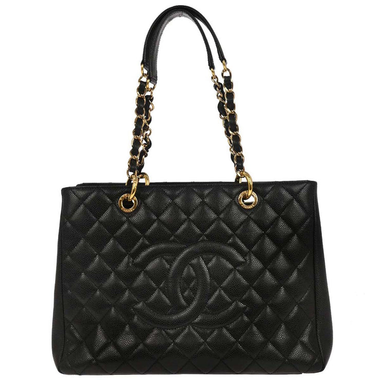 Chanel Black Calfskin Grand Shopping Tote GST Chain Handbag 145036