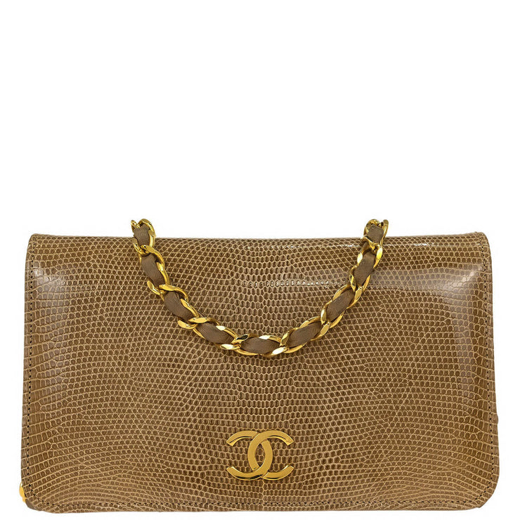 Chanel * Beige Lizard Pushlock Mini Full Flap Shoulder Bag 153976