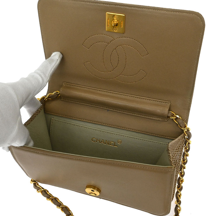 Chanel * Beige Lizard Pushlock Mini Full Flap Shoulder Bag 153976