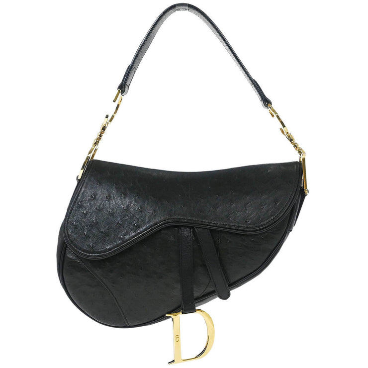 Christian Dior * Black Ostrich Saddle Handbag RU0050 154042