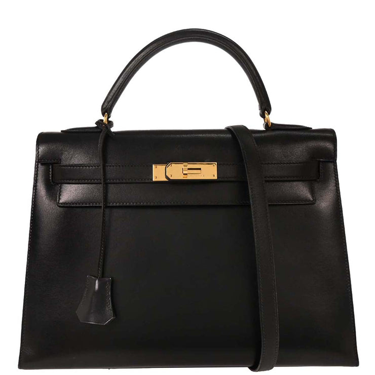 Hermes Black Box Calf Kelly 32 Sellier Handbag  Circle:X 154103