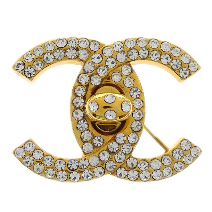 Chanel CC Turnlock Rhinestone Charm Brooch Pin Gold 97P 154221