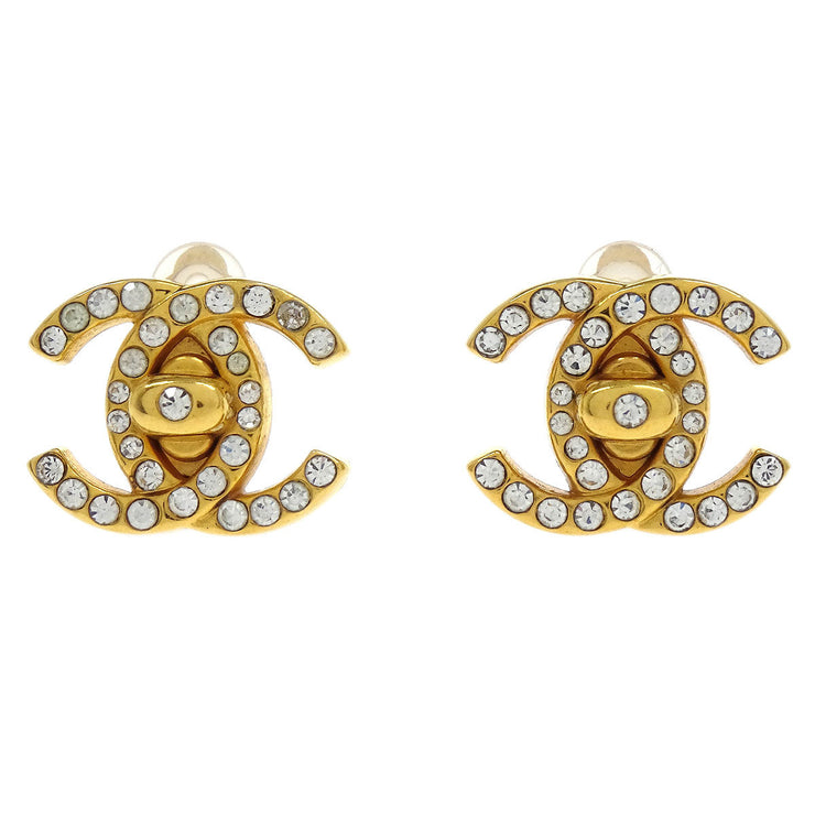 Chanel CC Turnlock Earrings Clip-On Gold Small Rhinestone 96A 154222