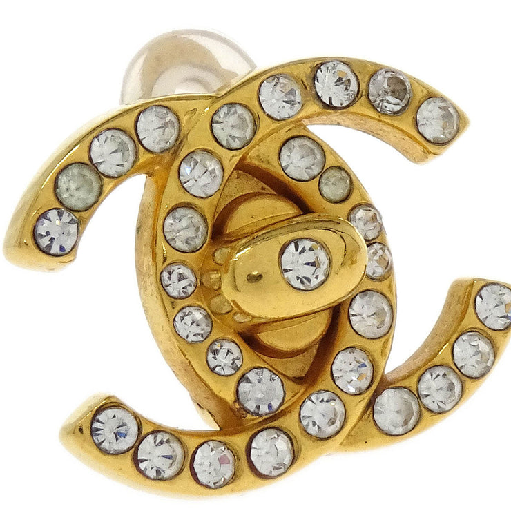 Chanel CC Turnlock Earrings Clip-On Gold Small Rhinestone 96A 154222