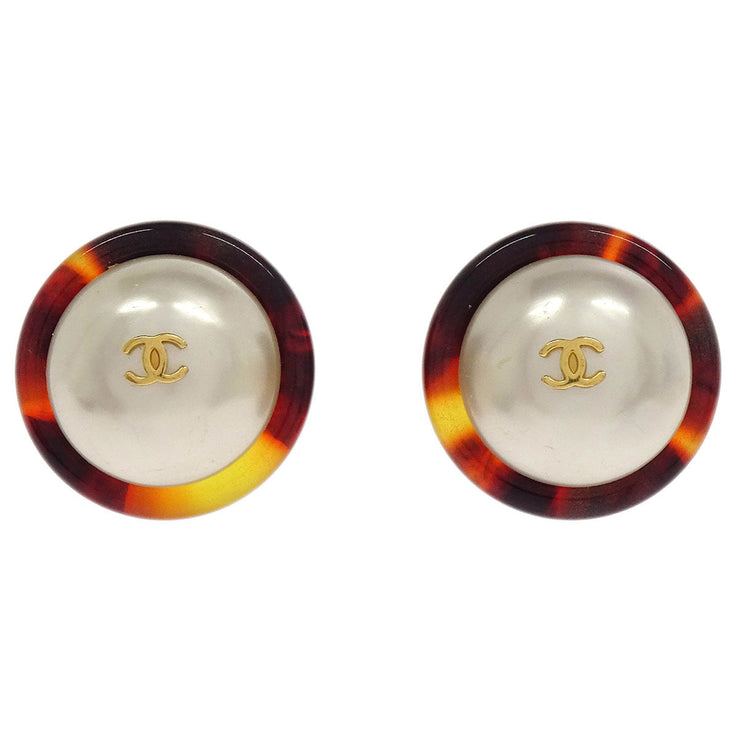 Chanel Button Earrings Clip-On Gold White Brown Artificial Pearl 97P 154223