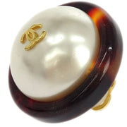 Chanel Button Earrings Clip-On Gold White Brown Artificial Pearl 97P 154223