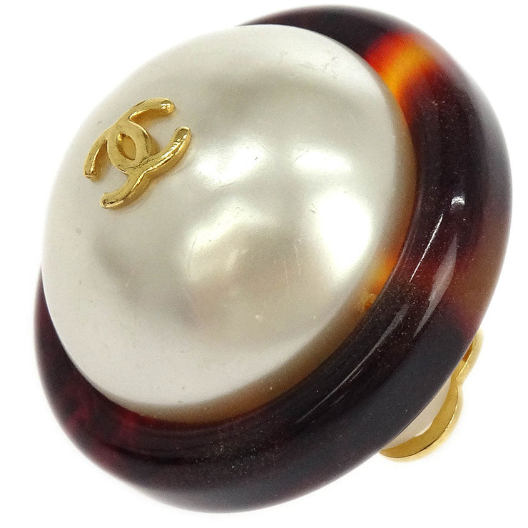 Chanel Button Earrings Clip-On Gold White Brown Artificial Pearl 97P 154223