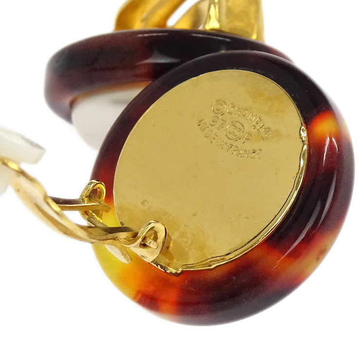 Chanel Button Earrings Clip-On Gold White Brown Artificial Pearl 97P 154223