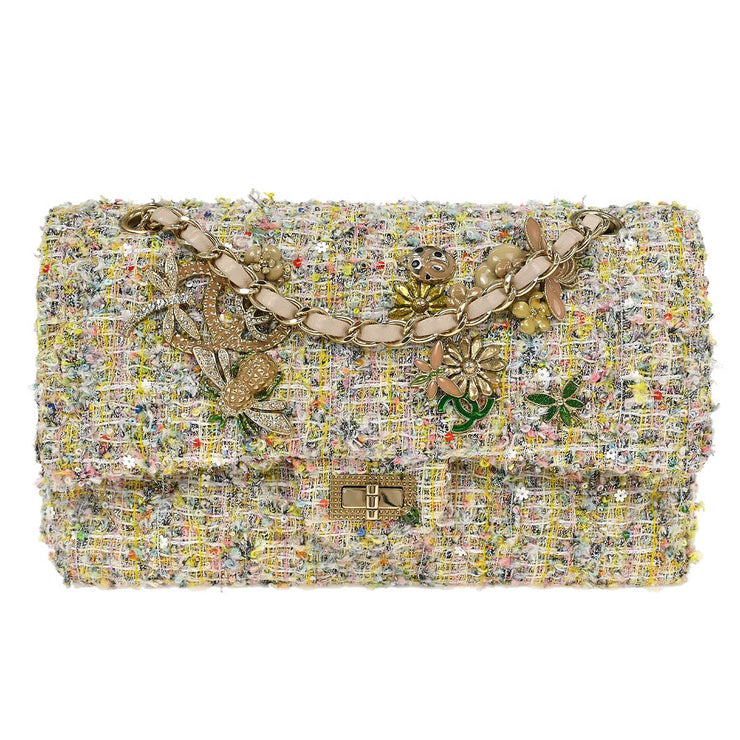 Chanel White Tweed Garden Party Medium Classic Double Flap Shoulder Bag 154246