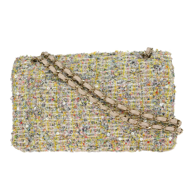 Chanel White Tweed Garden Party Medium Classic Double Flap Shoulder Bag 154246