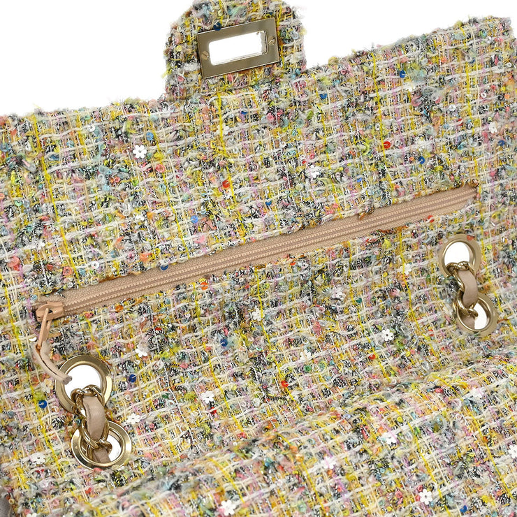Chanel White Tweed Garden Party Medium Classic Double Flap Shoulder Bag 154246
