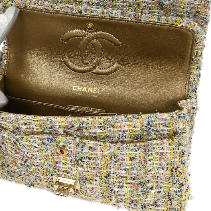 Chanel White Tweed Garden Party Medium Classic Double Flap Shoulder Bag 154246