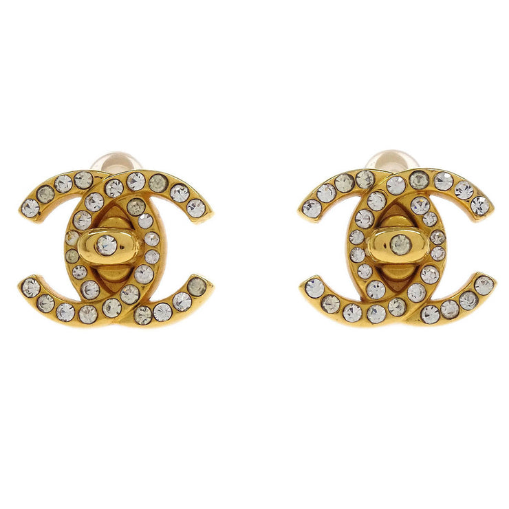 Chanel CC Turnlock Earrings Clip-On Gold Small Rhinestone 96A 154266