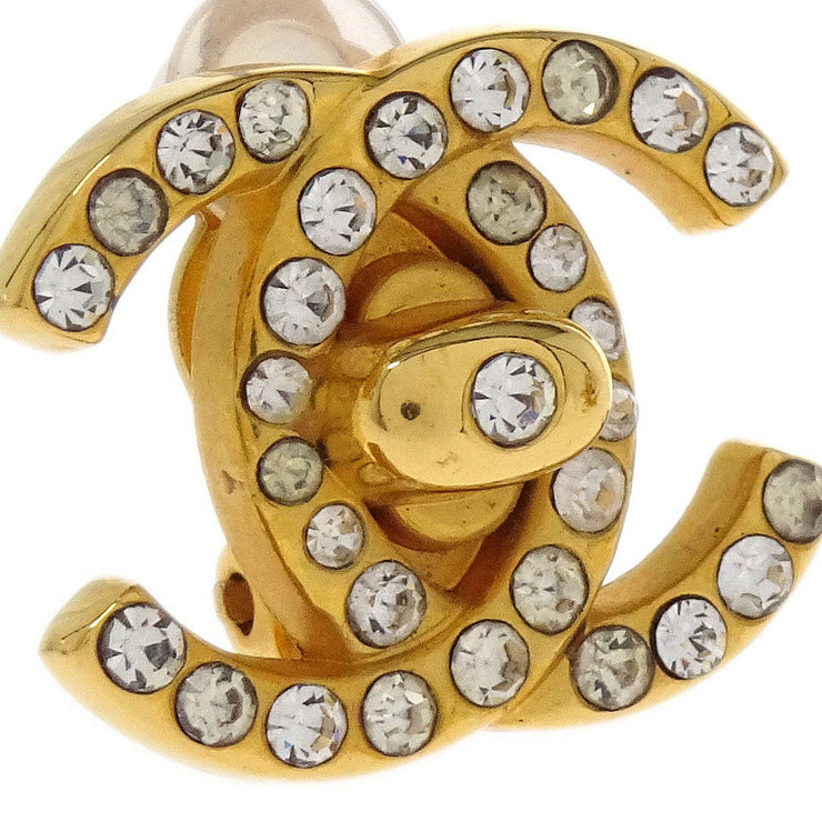 Chanel CC Turnlock Earrings Clip-On Gold Small Rhinestone 96A 154266