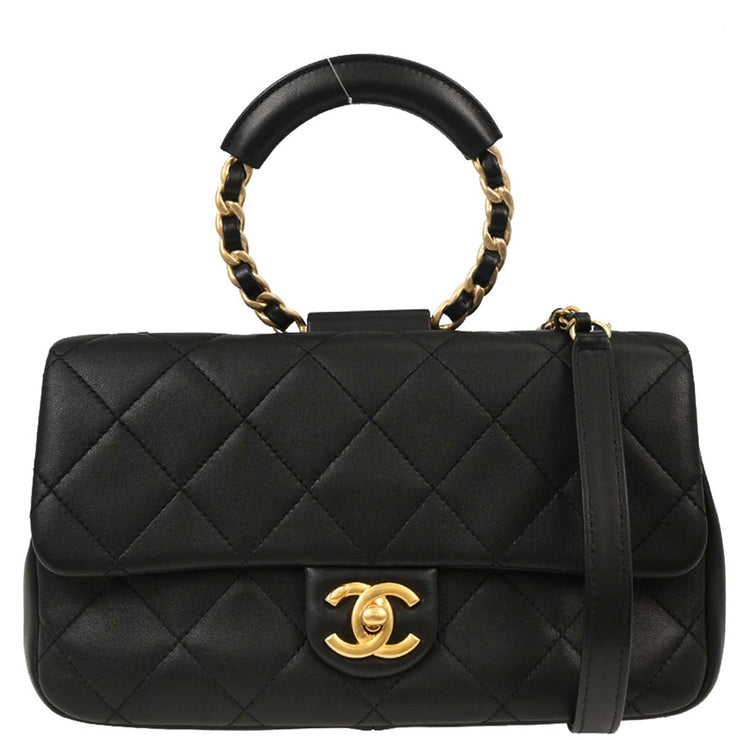 Chanel Black Lambskin Circular Handle 2way Handbag 154321