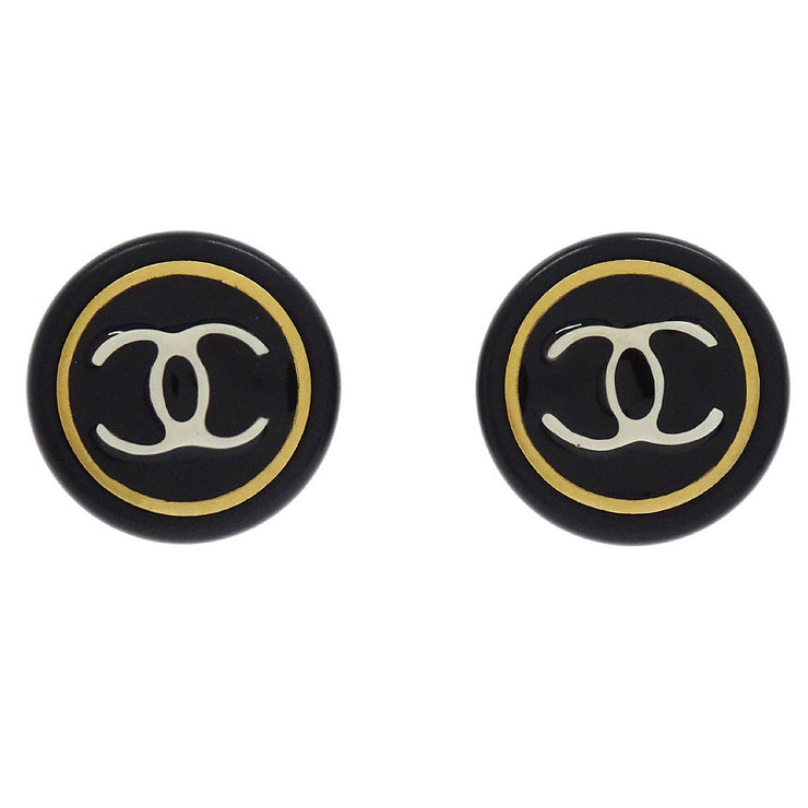 Chanel Button Earrings Clip-On Black Gold 97P 154368