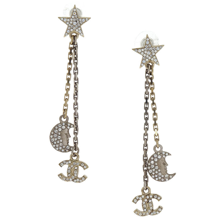 Chanel Star CC Moon Dangle Piercing Earrings Silver Rhinestone 17B 154373