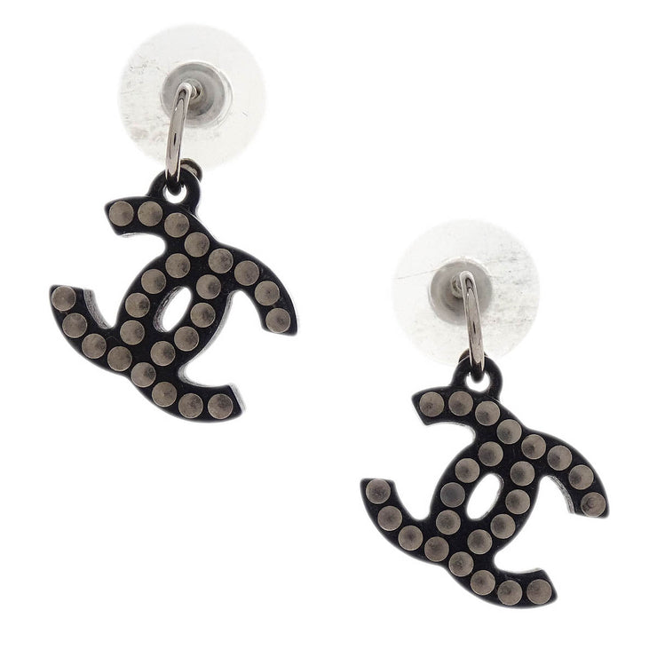 Chanel Piercing Dangle Earrings Silver Black 05P 154375
