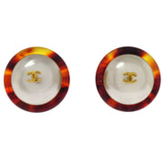 Chanel Button Earrings Clip-On Gold White Brown Artificial Pearl 97P 154377