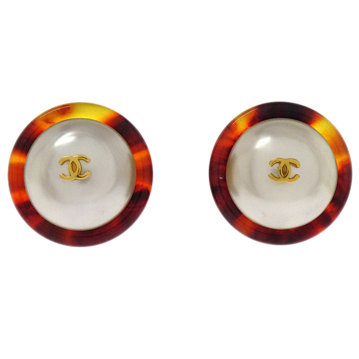 Chanel Button Earrings Clip-On Gold White Brown Artificial Pearl 97P 154377