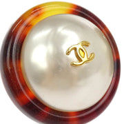 Chanel Button Earrings Clip-On Gold White Brown Artificial Pearl 97P 154377