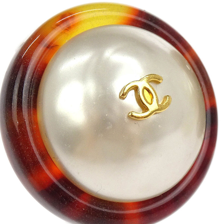 Chanel Button Earrings Clip-On Gold White Brown Artificial Pearl 97P 154377