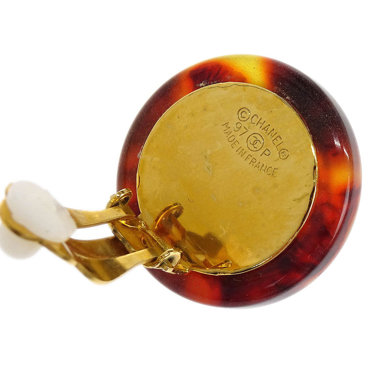Chanel Button Earrings Clip-On Gold White Brown Artificial Pearl 97P 154377
