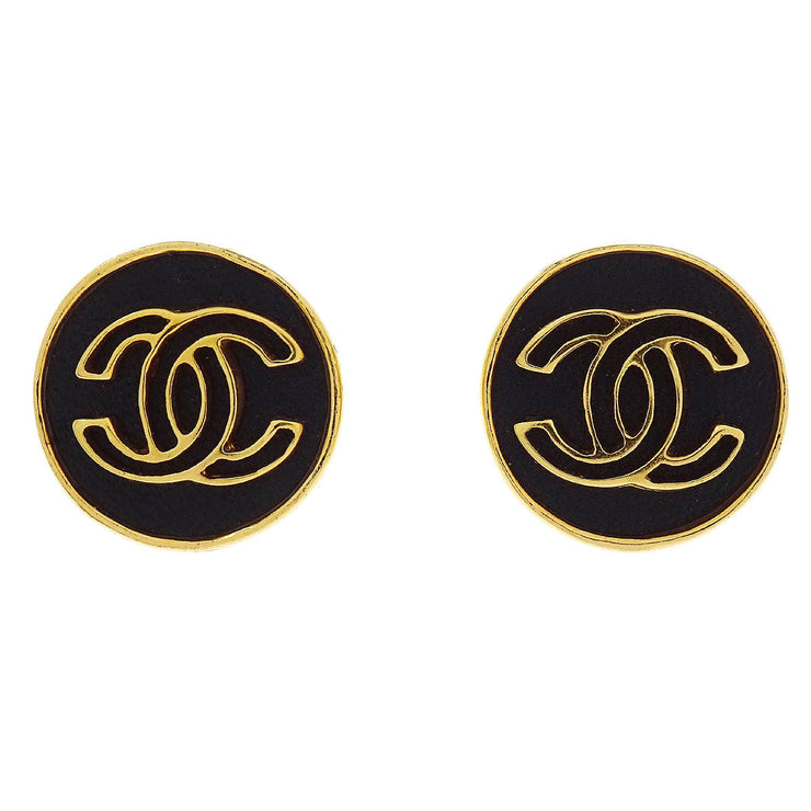 Chanel Button Earrings Clip-On Gold Black 03P 154380