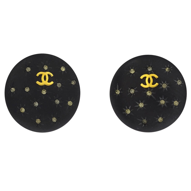 Chanel Button Earrings Clip-On Rhinestone Black 26 154509