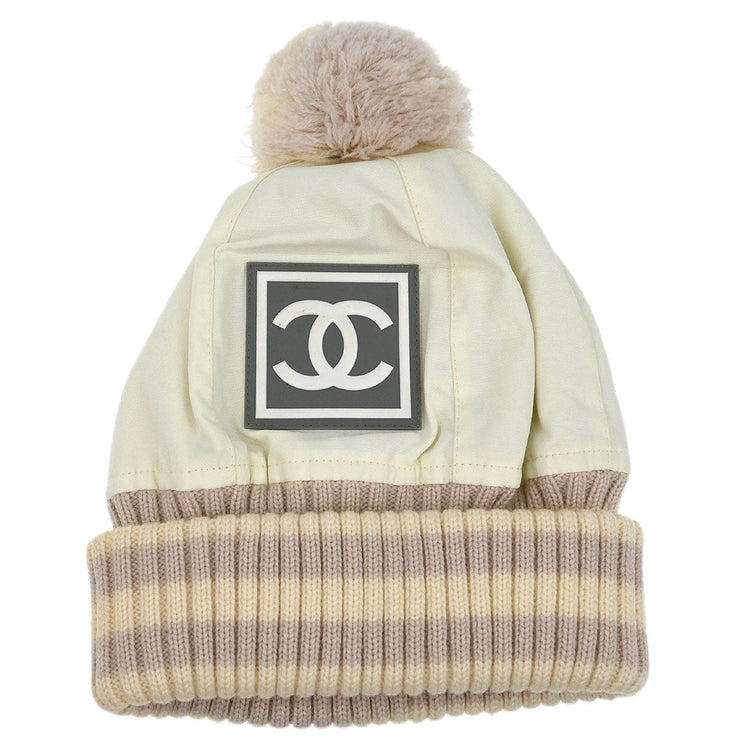 Chanel White Sport Line Knit Cap #M Small Good 166018